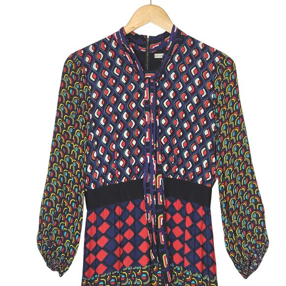 Alice + Olivia Karolina Mod Moon Tie Neck Blouson Sleeve Colorblock Midi Dress 6 - Picture 3 of 16